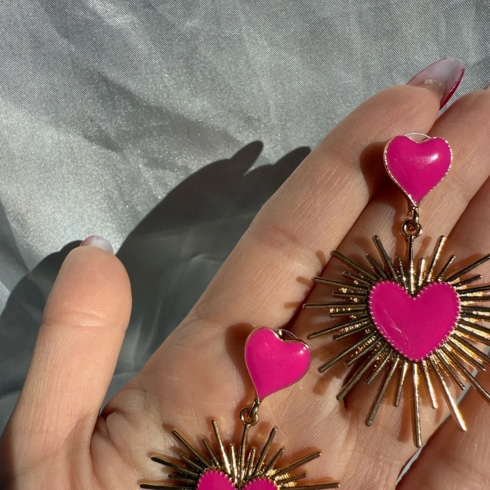 Pink Heart Statement Retro Gold Sunburst Dangle Valentine’s Day Jewelry